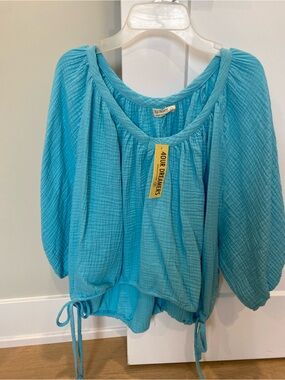 4our Dreamers Turquoise 100% Cotton Gauze Peasant Blouse